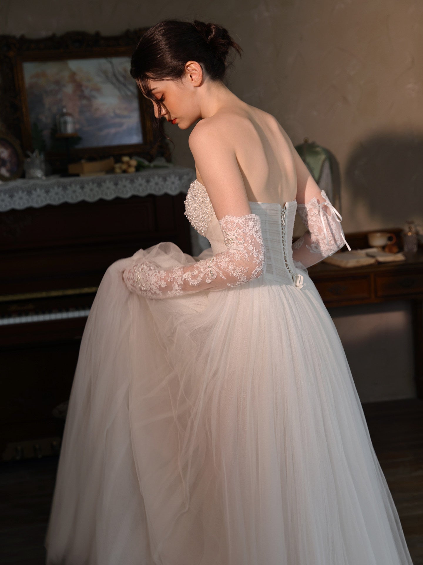 Vintage Off-White Lace Bridal Gloves 46cm Elbow-Length Fingerless Wedding Sleeves | Romantic Beaded Bow Knot Cottagecore Bridal Cuffs | LUNA-X325