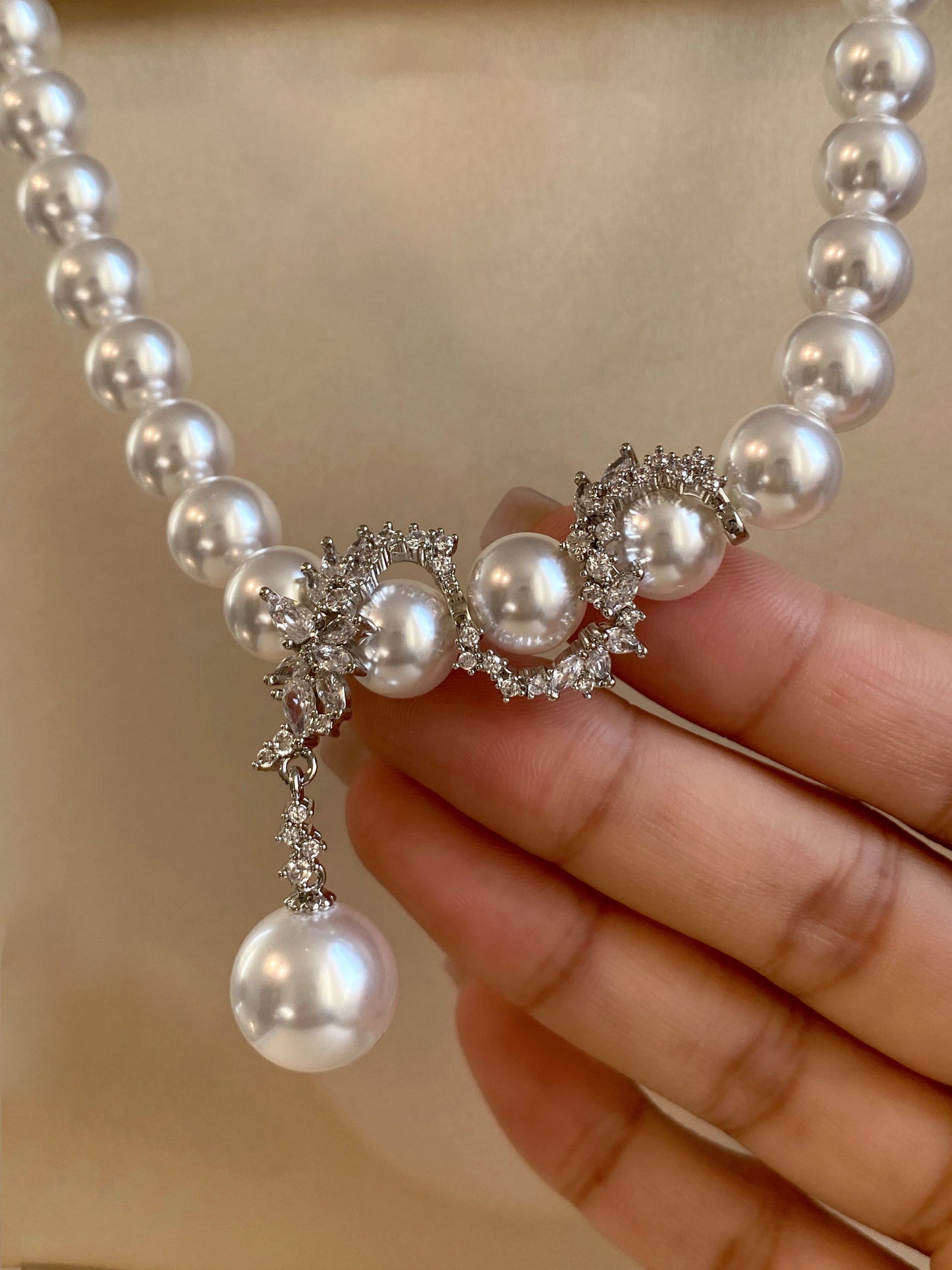 Y Drop Australian White Pearl Strand Necklace for Bridal Women, 8mm & 10mm Cool Luster Pearl with Floral Cubic Zirconia Accents 45cm Collarbone Chain Formal Wedding Evening Party Fine Jewelry Gift  LUNA-X292