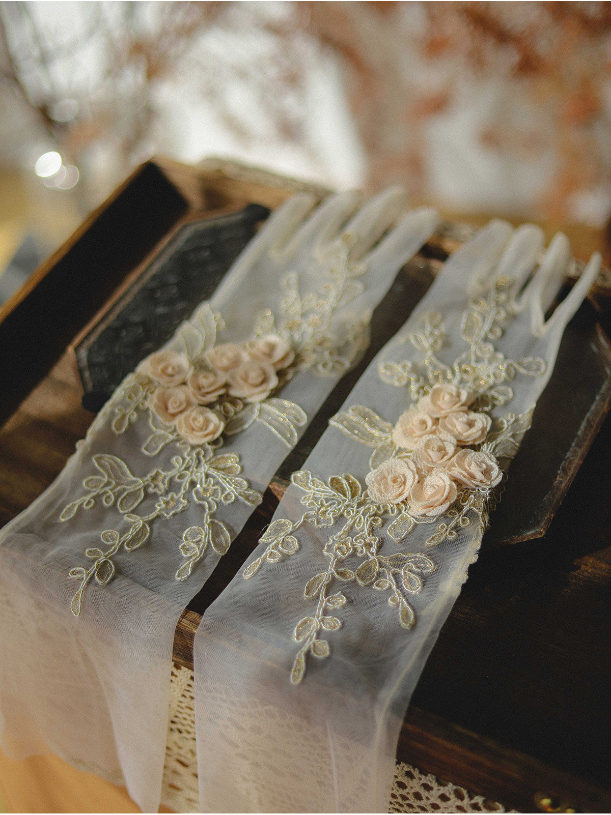 Baroque Gold Embroidered Bridal Gloves - 48cm Opera Length Sheer Mesh Wedding Gloves - Luxury 3D Rosette French Vintage Princess Mittens LUNA-X327
