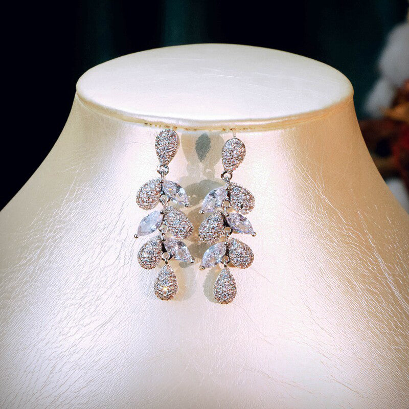 Luxury Leaf Vine V-Necklace & Earring Set - Platinum Plated AAA Zircon Bridal Jewelry LUNA-X147