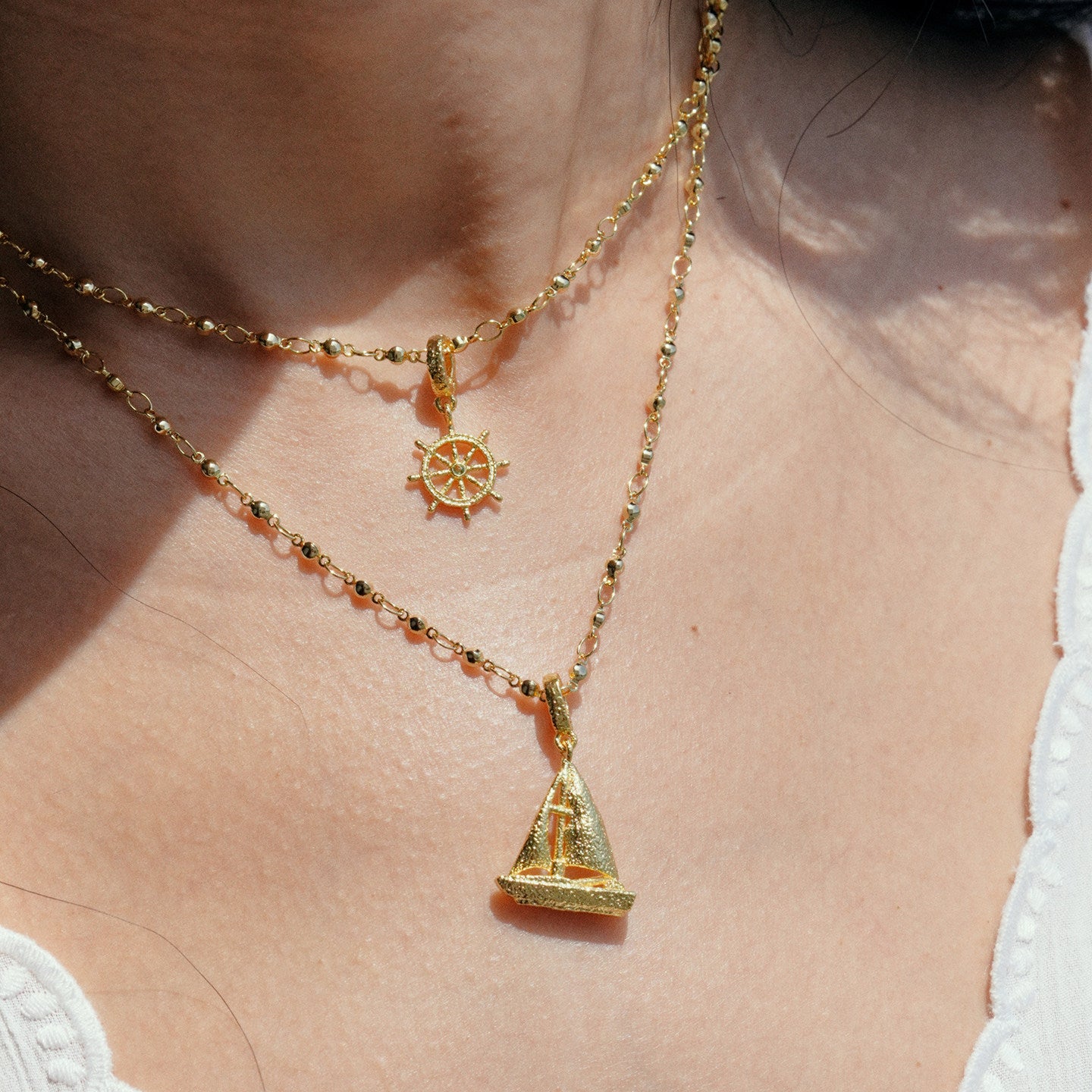 18K Gold Plated Nautical DIY Charm Necklace For Women Sold Separately Adjustable Thin Chain, 6 Detachable Pendants Sailboat Ship Wheel Telescope Teardrop Color Cubic Zirconia Custom Layering Ocean Travel Jewelry Gift LUNA-X280