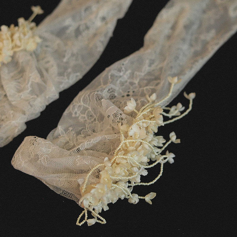 Vintage Cottagecore Lace Bridal Gloves Mid-Length 3D Floral Wedding Gloves with Cascading Beaded Tendrils | Antique Ivory Romantic Sheer Mesh Mittens | LUNA-X328