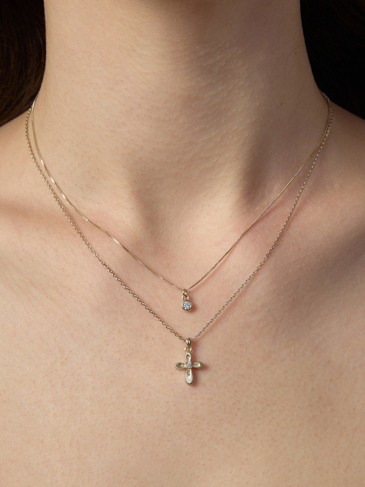 Two Layer Textured Cross & Single CZ Bezel Pendant Necklace, Dainty Stackable Adjustable Chain for Women  LUNA-X254