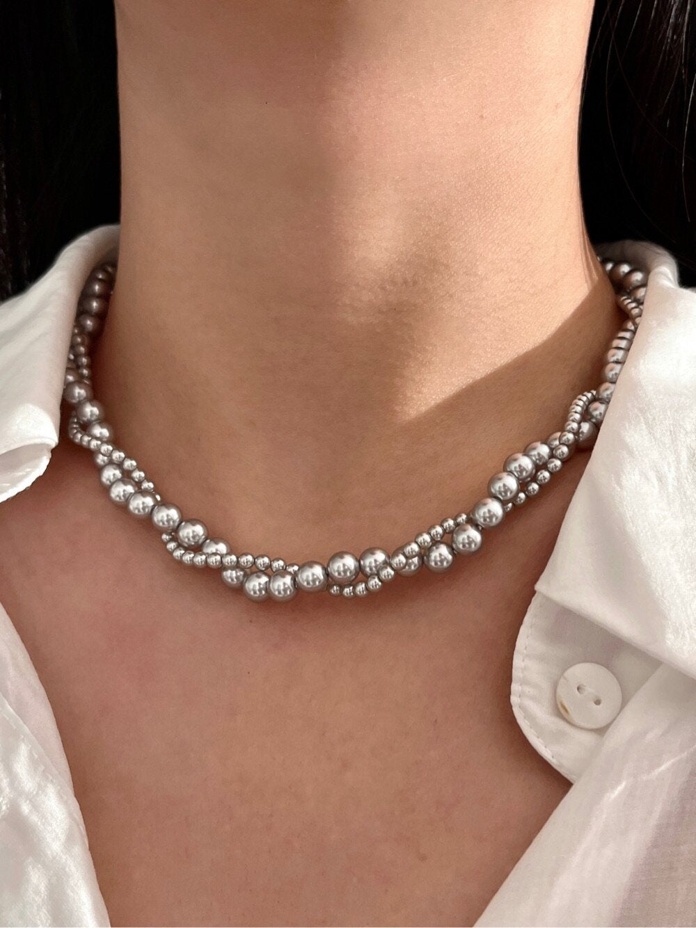 Two Tone Sunflower Clasp Mixed Size Imitation Pearl Necklace For Women 3mm+6mm Gradient Pearl 45cm Adjustable Gold Silver Clasp Cream Grey Australian White French Vintage Daily Jewelry Gift For Ladies   LUNA-X287