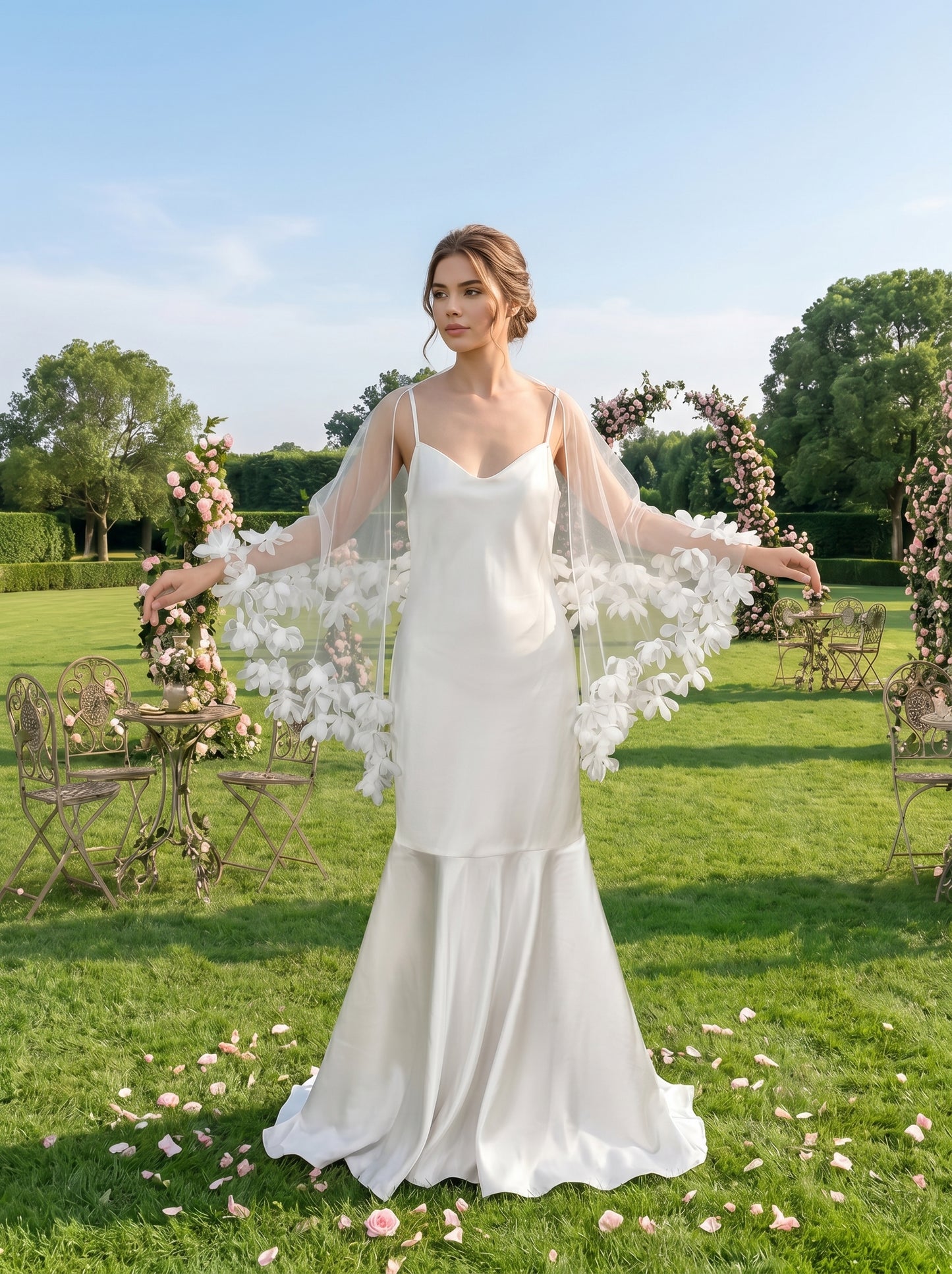 Romantic 3D Floral Applique Bridal Shawl - 160cm Illusion Mesh Wedding Capelet Lightweight Flower Border Cover Up  LUNA-X228