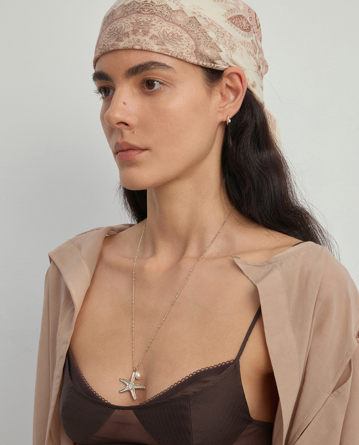 Ocean Series Textured Starfish Pendant Necklace, Two Sizes Pale Titanium Gold with Freshwater Pearl & Mother of Pearl Adjustable Chain for Women   LUNA-X261