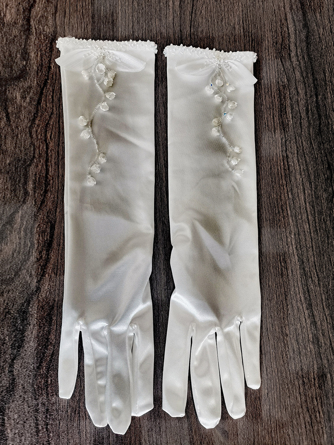 Lily of the Valley Satin Bridal Gloves - Hand-Beaded Pearl Floral Wedding Gloves - Vintage Pleated Ruffle Edge Prom & Evening Mittens (38cm/28cm) LUNA-X320