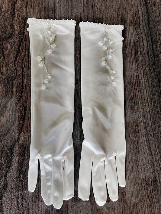 Lily of the Valley Satin Bridal Gloves Hand-Beaded Floral Wedding Gloves | Vintage Pleated Ruffle Edge Prom & Evening Mittens | LUNA-X320