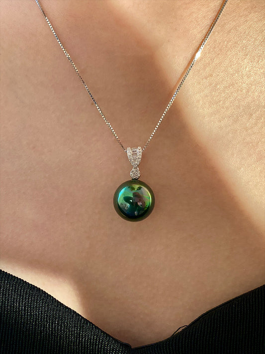Cubic Zirconia Pearl Pendant Necklace For Women 14mm Two Tones Peacock Black & Cool White Shell Pearl Adjustable 40+5cm Box Chain Luxury Wedding Formal Jewelry Gift For Ladies Mom LUNA-X284
