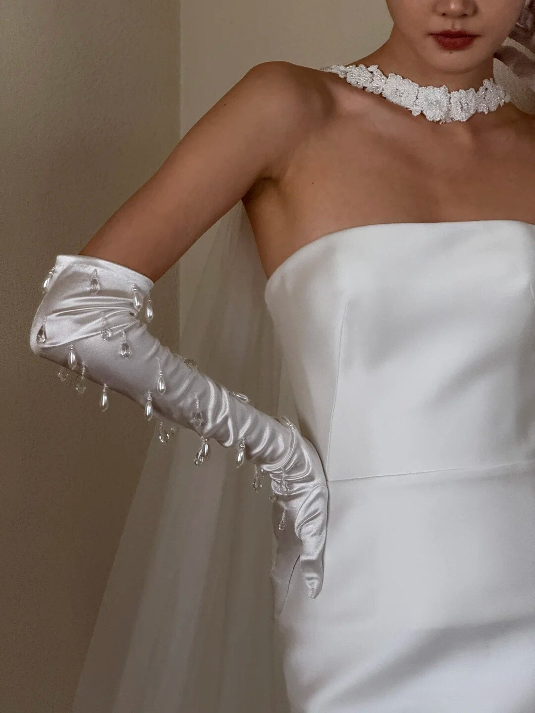 Liquid Satin Opera Bridal Gloves - Raindrop Pearl & Crystal Tassel Wedding Gloves - Luxury Above-the-Elbow Hollywood Glamour Prom Mittens  LUNA-X318