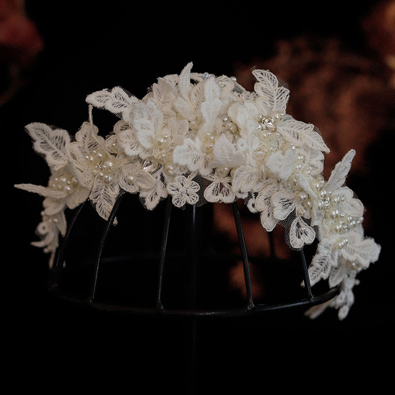 Vintage French Lace Bridal Tiara Headband Romantic Embroidered Floral Wedding Hair Vine | Handmade Bridal Crown Accessory for Modern Brides | LUNA-X112