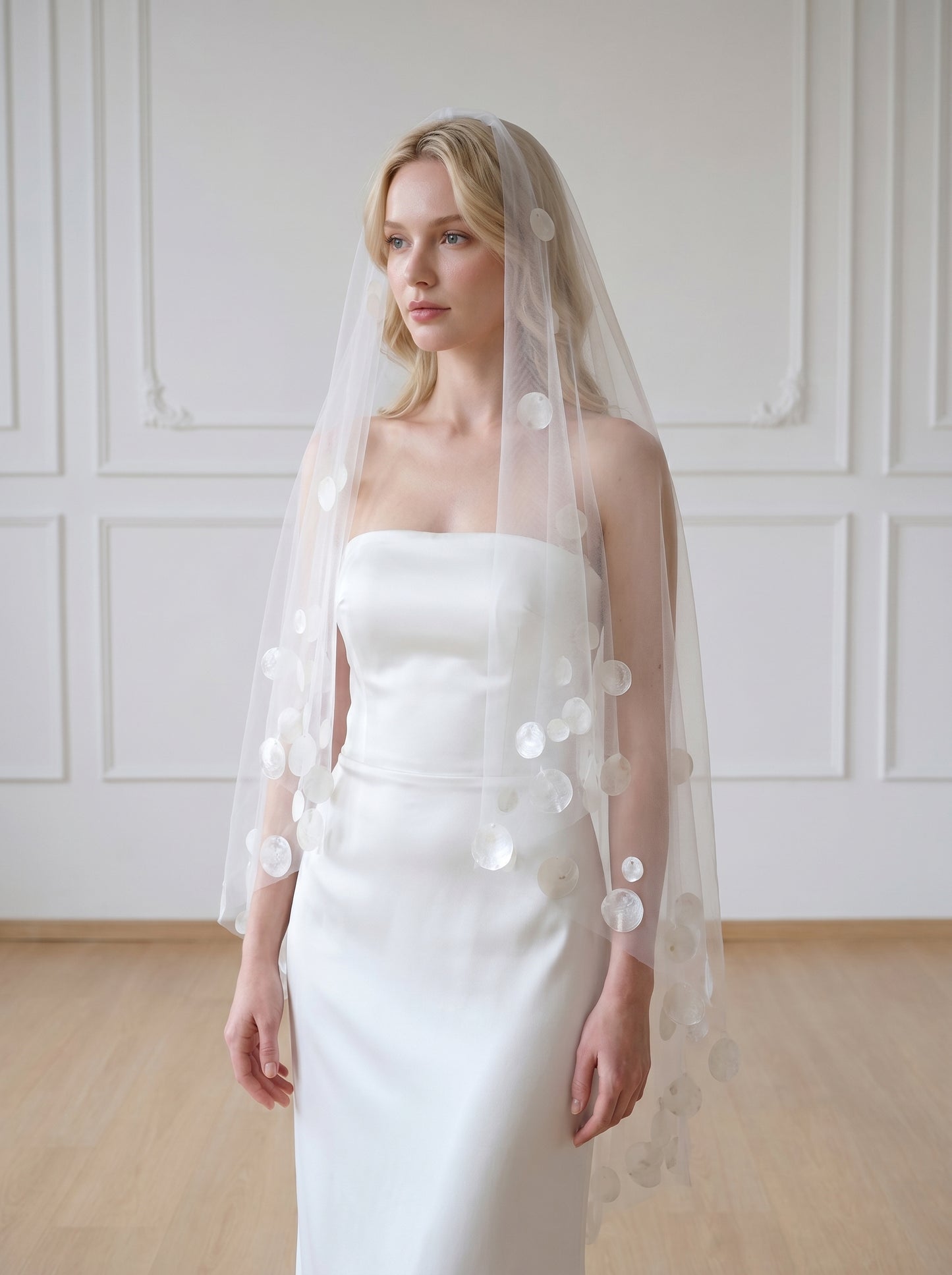 Ethereal Pure White Drop Veil - Minimalist Cut Edge Blusher Veil, Waist Length No Comb Bridal Veil  LUNA-X10