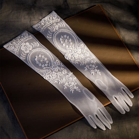 Elegant 55cm Opera Length Sheer Tulle Bridal Gloves, Romantic Off-White Wedding Gloves with Luxury Hand-Beaded Floral Lace Appliques LUNA-X176