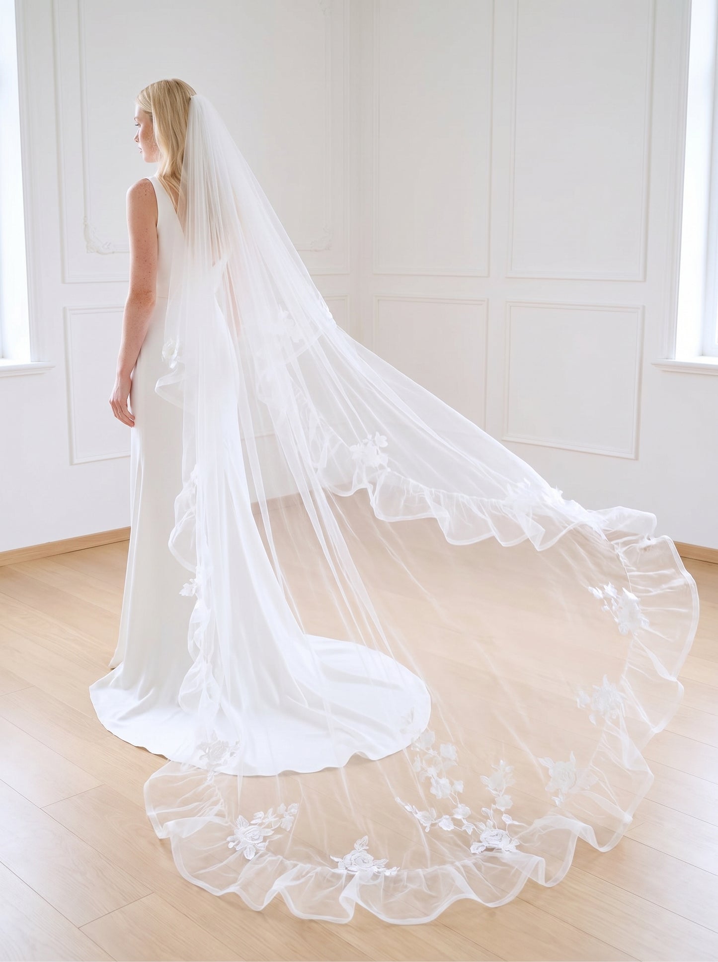 Ethereal 3m x 3m Cathedral Wedding Veil - Extra Wide Tulle with Stunning Cascading Ruffle Edge, No Comb for Styling Freedom  LUNA-X05