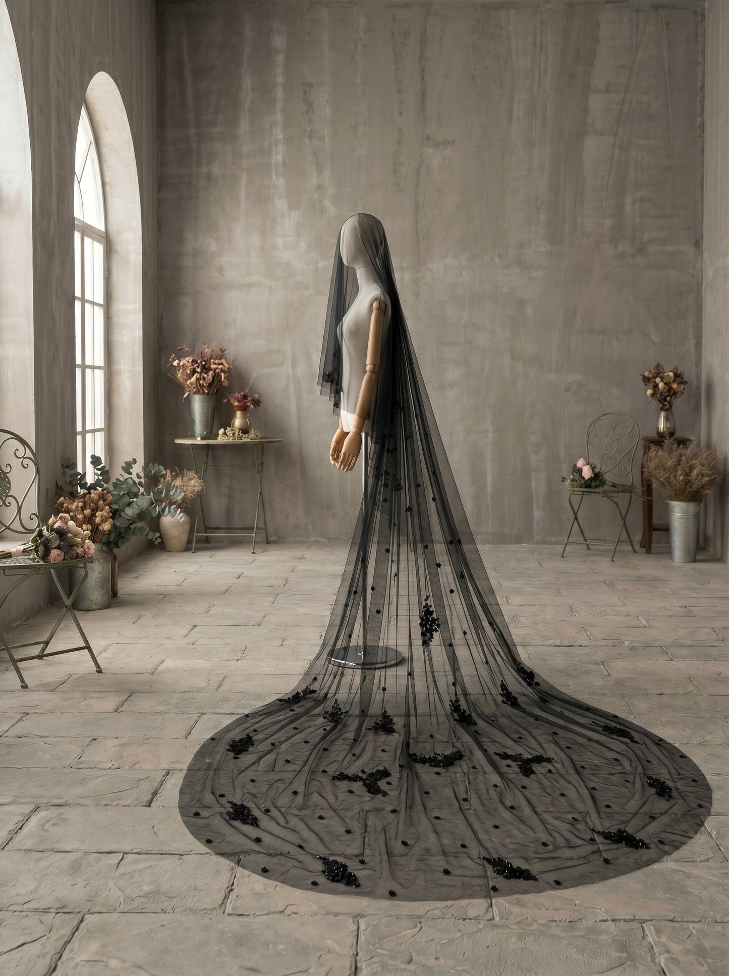 Luxury 3D Floral Black Gothic Royal Cathedral Veil with Comb - 3.5M Single Tier Swiss Dot Wedding Veil, 3M Extra-Wide Moody Bridal Veil LUNA-X82