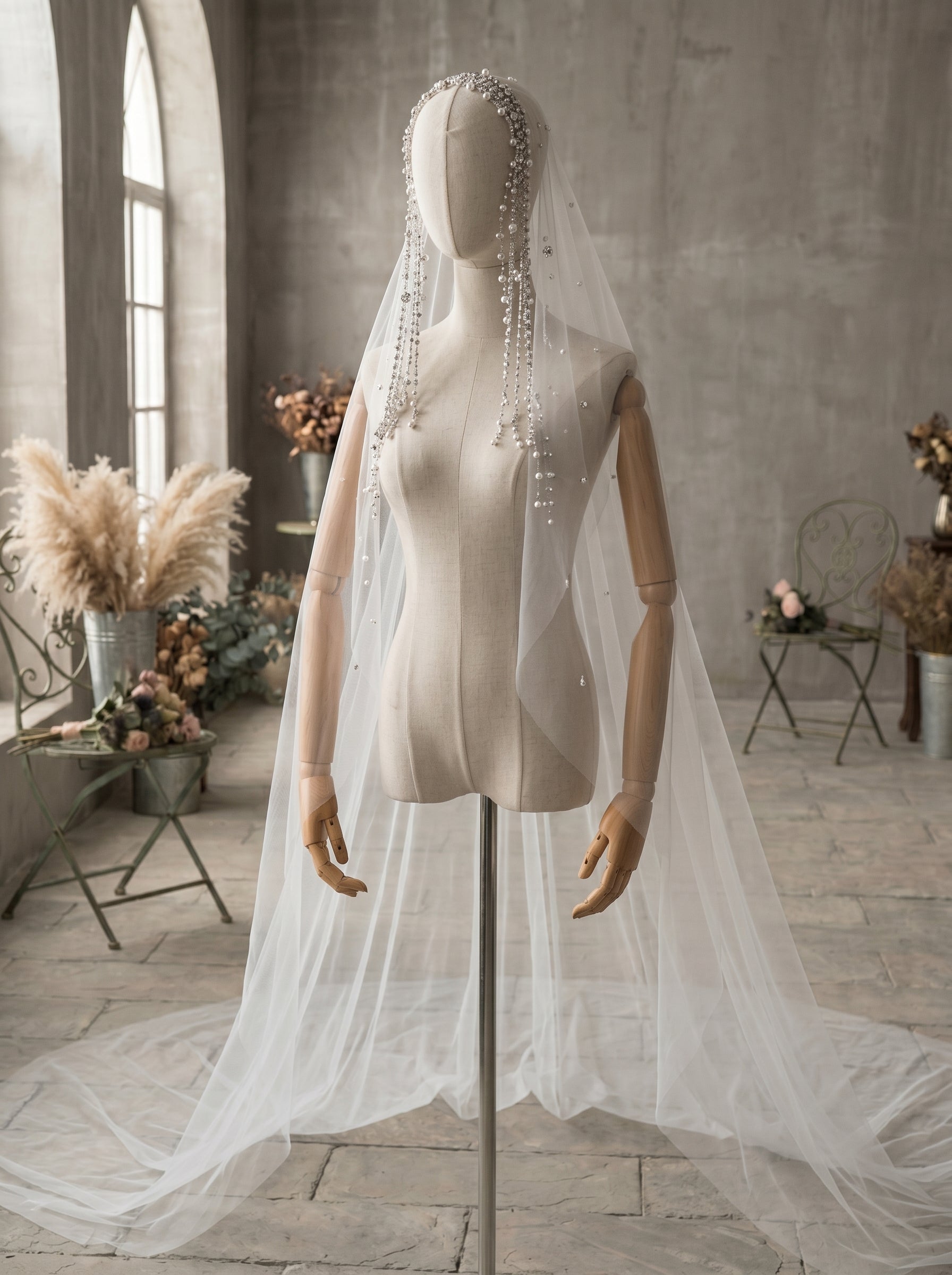 Luxury Cathedral Pearl Wedding Veil 3M - Single Tier Milk White Swiss Tulle Statement Veil with Cascading Pearl Headband Tassels and Clips LUNA-X91