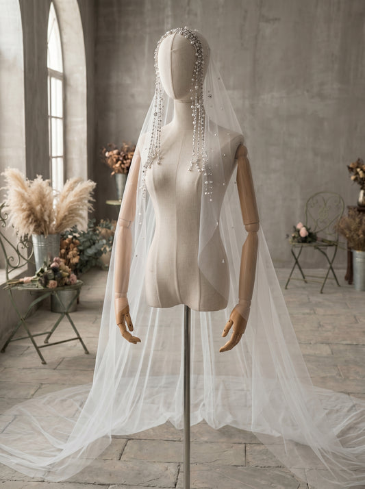 Luxury Cathedral Pearl Wedding Veil 3M - Single Tier Milk White Swiss Tulle Statement Veil with Cascading Pearl Headband Tassels and Clips LUNA-X91