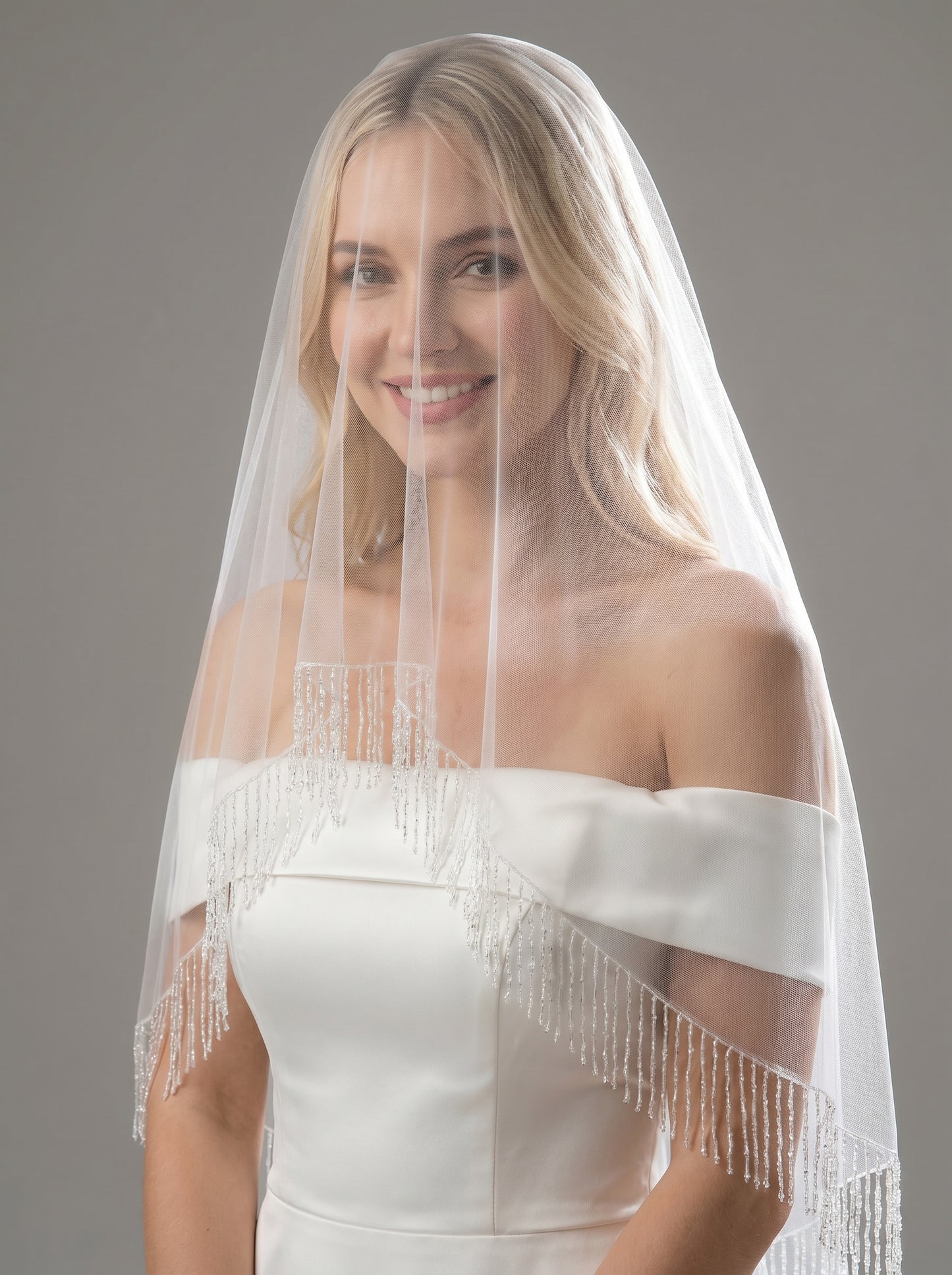 Minimalist French Vintage Drop Veil - Shoulder Length White Blusher Veil, No Comb Chic Flyaway Bridal Vei  LUNA-X17