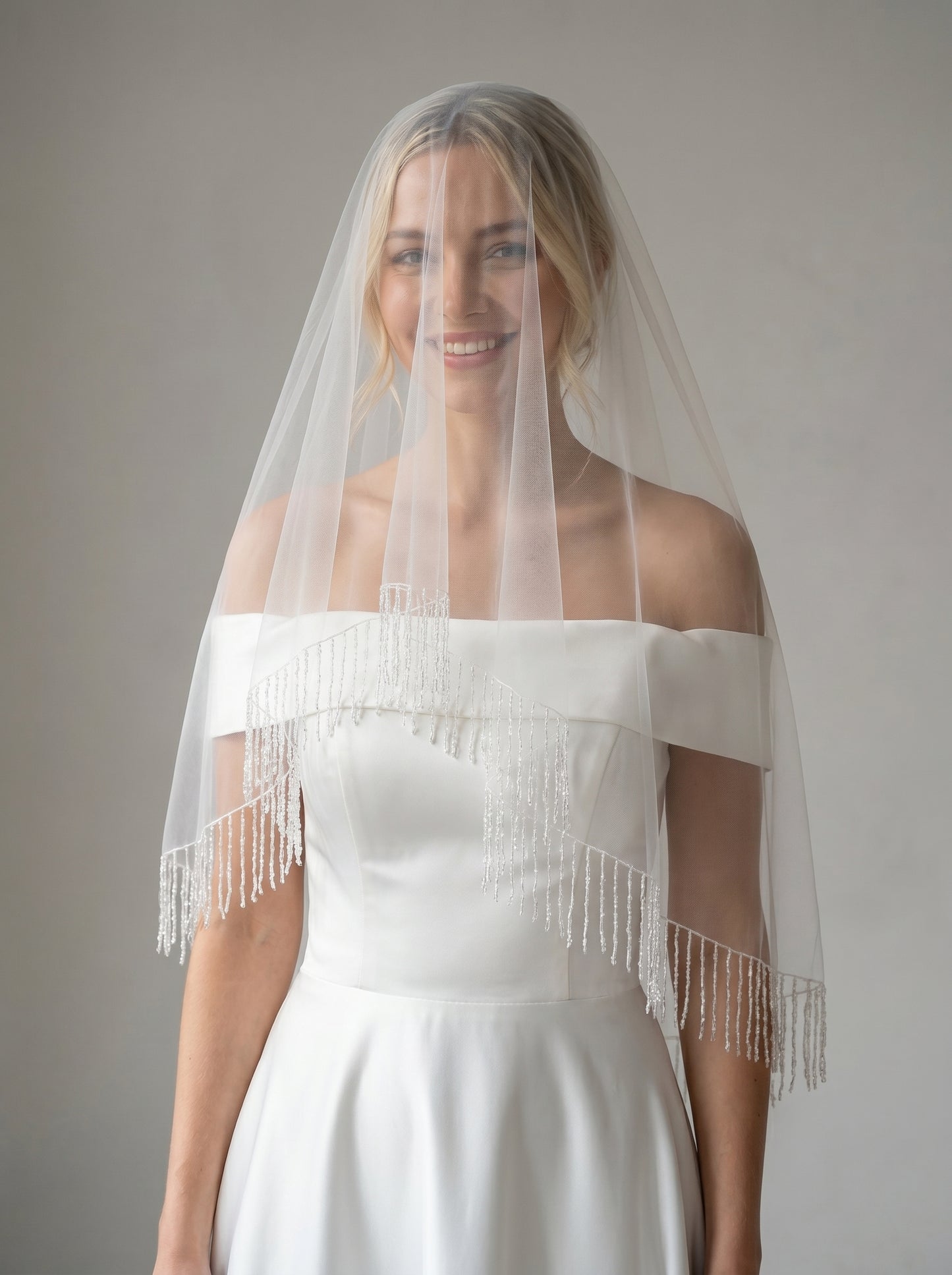 Minimalist French Vintage Drop Veil - Shoulder Length White Blusher Veil, No Comb Chic Flyaway Bridal Vei  LUNA-X17