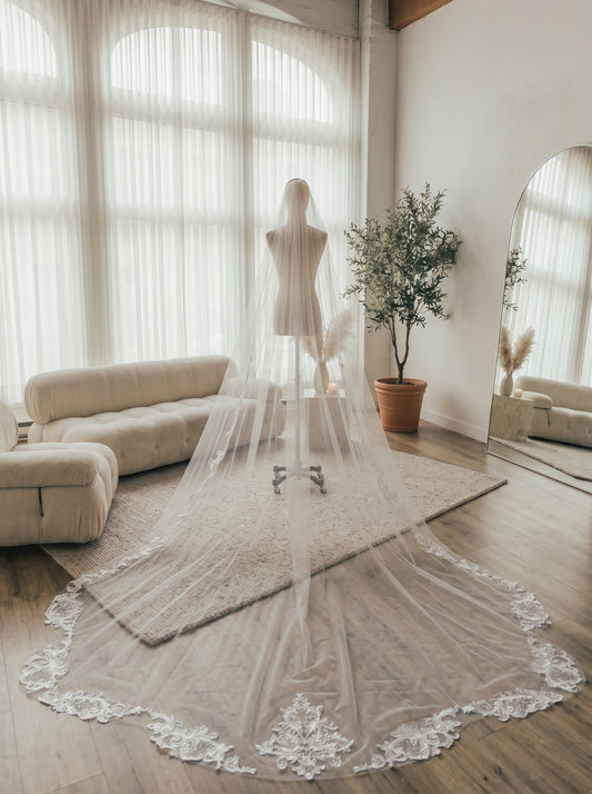 90s Minimalist Cathedral Veil - 3m x 2.5m Wide Single Layer Soft Tulle Wedding Veil with Comb, Sleek Pure Sheer Long Train Veil  LUNA-X63