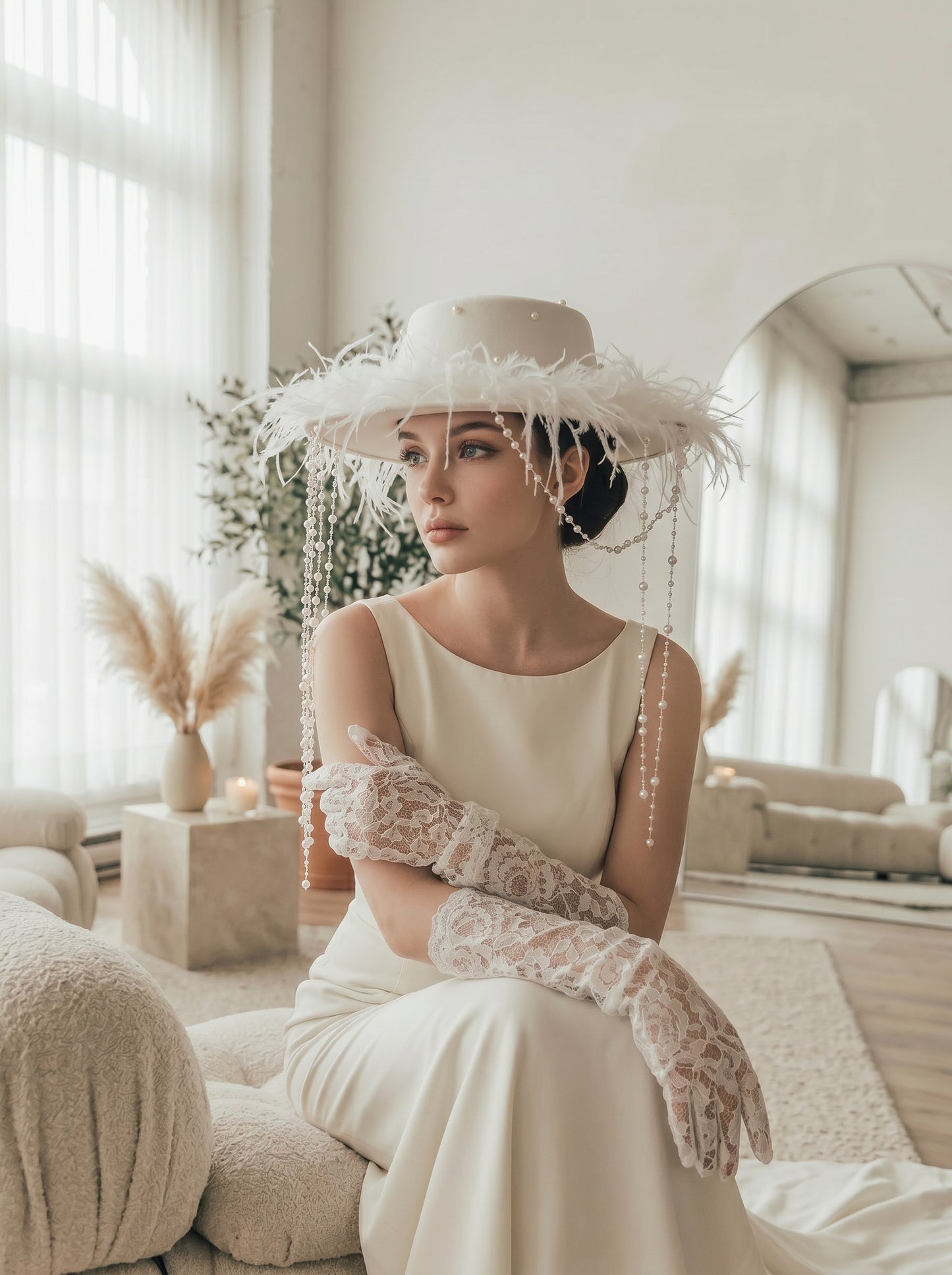 Avant-Garde Wide-Brim Bridal Fascinator Hat - Structured Off-White Wedding Cap with Shimmering Pearl Strands and Fluffy Feathers  LUNA-X198