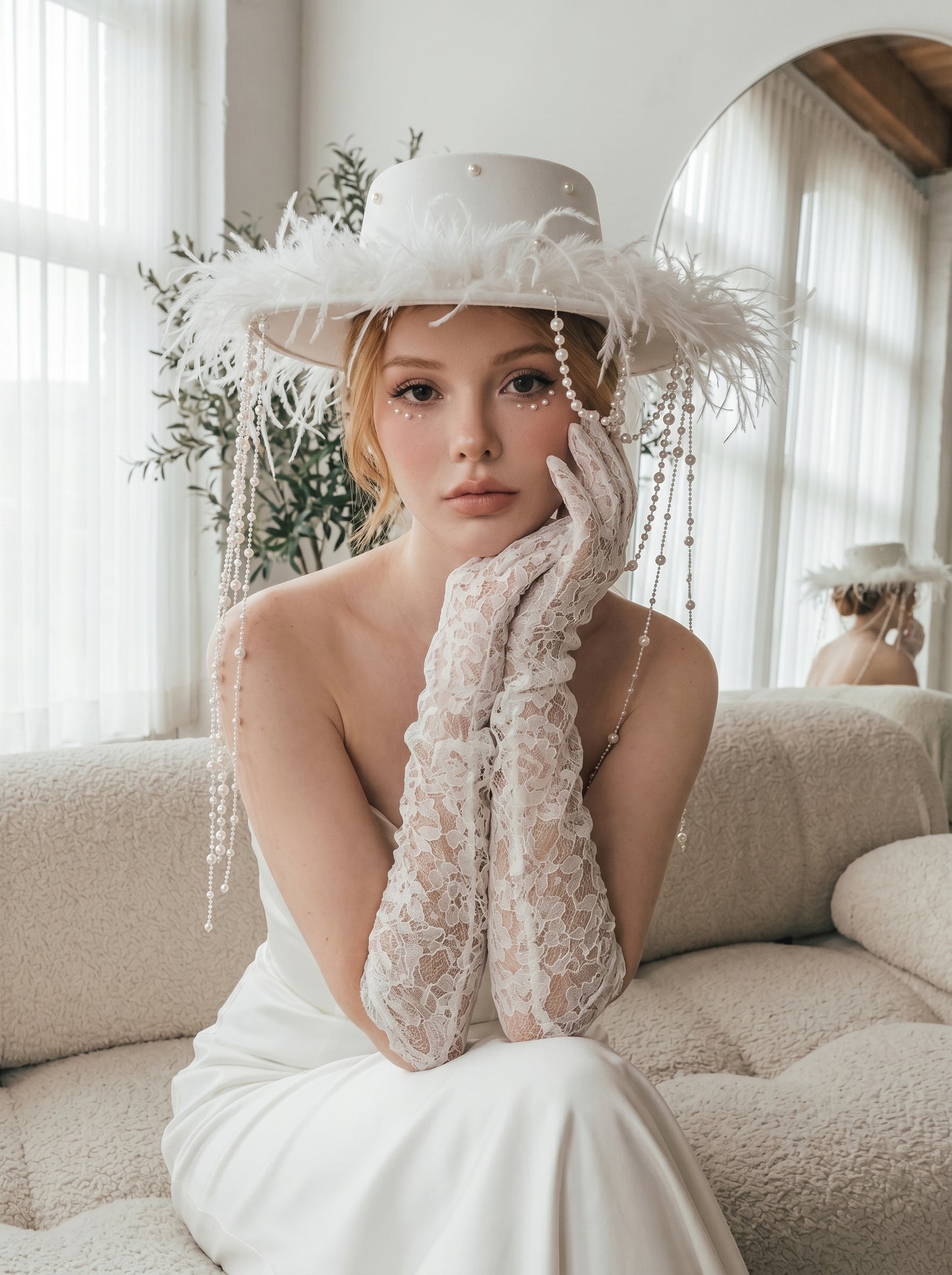 Avant-Garde Wide-Brim Bridal Fascinator Hat - Structured Off-White Wedding Cap with Shimmering Pearl Strands and Fluffy Feathers  LUNA-X198