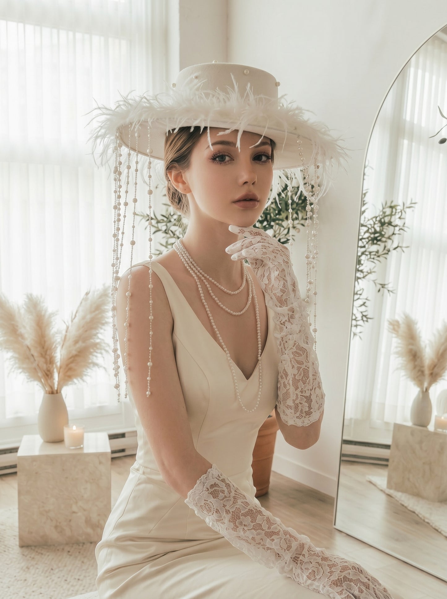Avant-Garde Wide-Brim Bridal Fascinator Hat - Structured Off-White Wedding Cap with Shimmering Pearl Strands and Fluffy Feathers  LUNA-X198