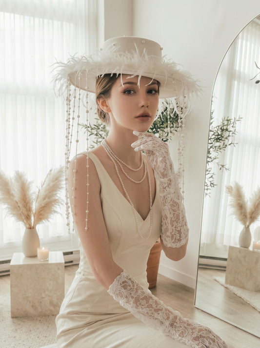 Avant-Garde Wide-Brim Bridal Fascinator Hat - Structured Off-White Wedding Cap with Shimmering Pearl Strands and Fluffy Feathers  LUNA-X198