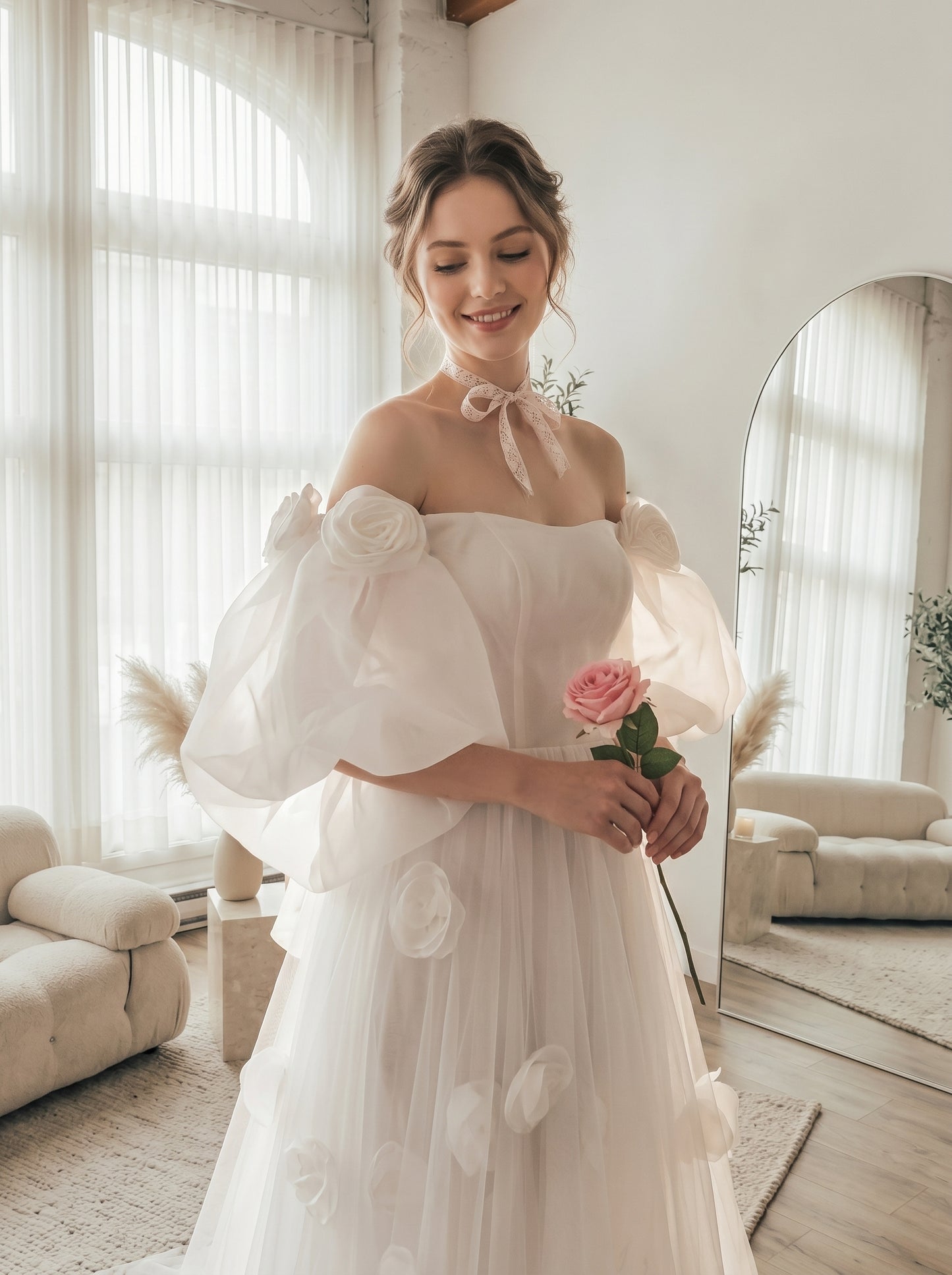 Romantic 3D Rose Bridal Cape Veil - Dramatic Puff Sleeve Wedding Capelet - Luxury Satin Floral Cathedral Train Shawl LUNA-X234