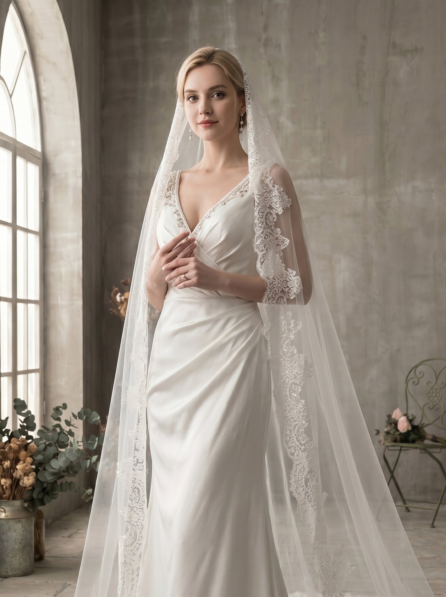 Classic 2.8M Cathedral Wedding Veil with Comb - Single Tier Milk White Soft Tulle Veil, Continuous Chantilly Lace Edge Bridal Veil, 110" Sleek Train Veil  LUNA-X76