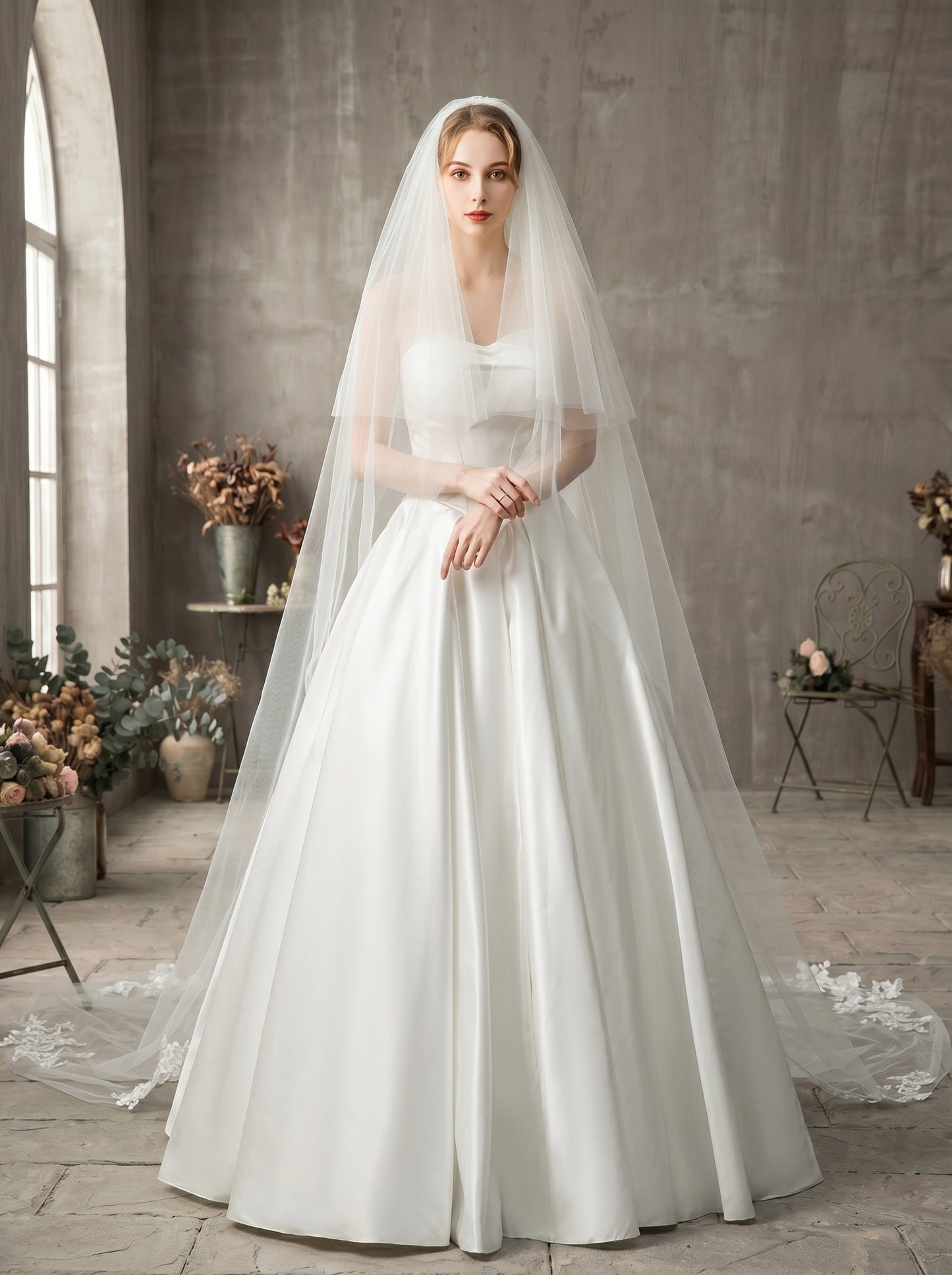 Luxury 2-Tier Cathedral Veil with Blusher - Milk White Swiss Tulle Wedding Veil with Comb, Medallion Lace Applique Bride Headpiece LUNA-X66