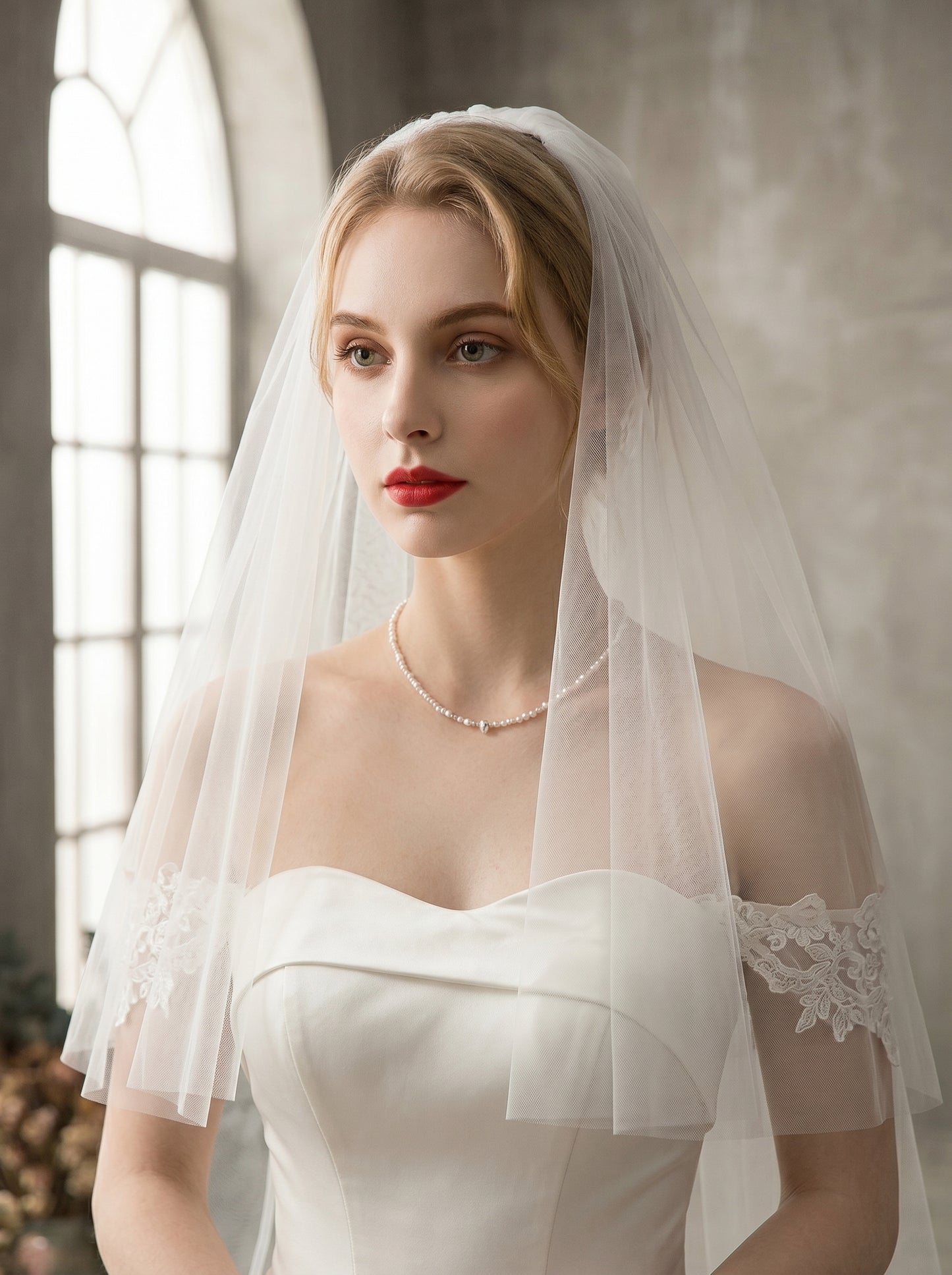 Luxury 2-Tier Cathedral Veil with Blusher - Milk White Swiss Tulle Wedding Veil with Comb, Medallion Lace Applique Bride Headpiece LUNA-X66