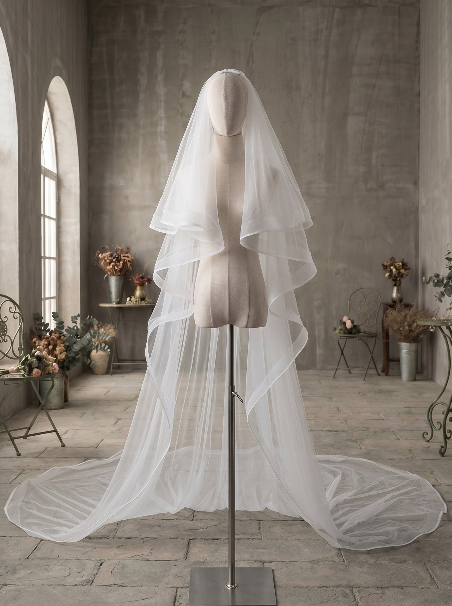 Luxury 2-Tier Structured Horsehair Edge Cathedral Veil - Milk White Swiss Tulle Wedding Veil with Comb, Cascading Ribbon Trim Blusher Veil LUNA-X73