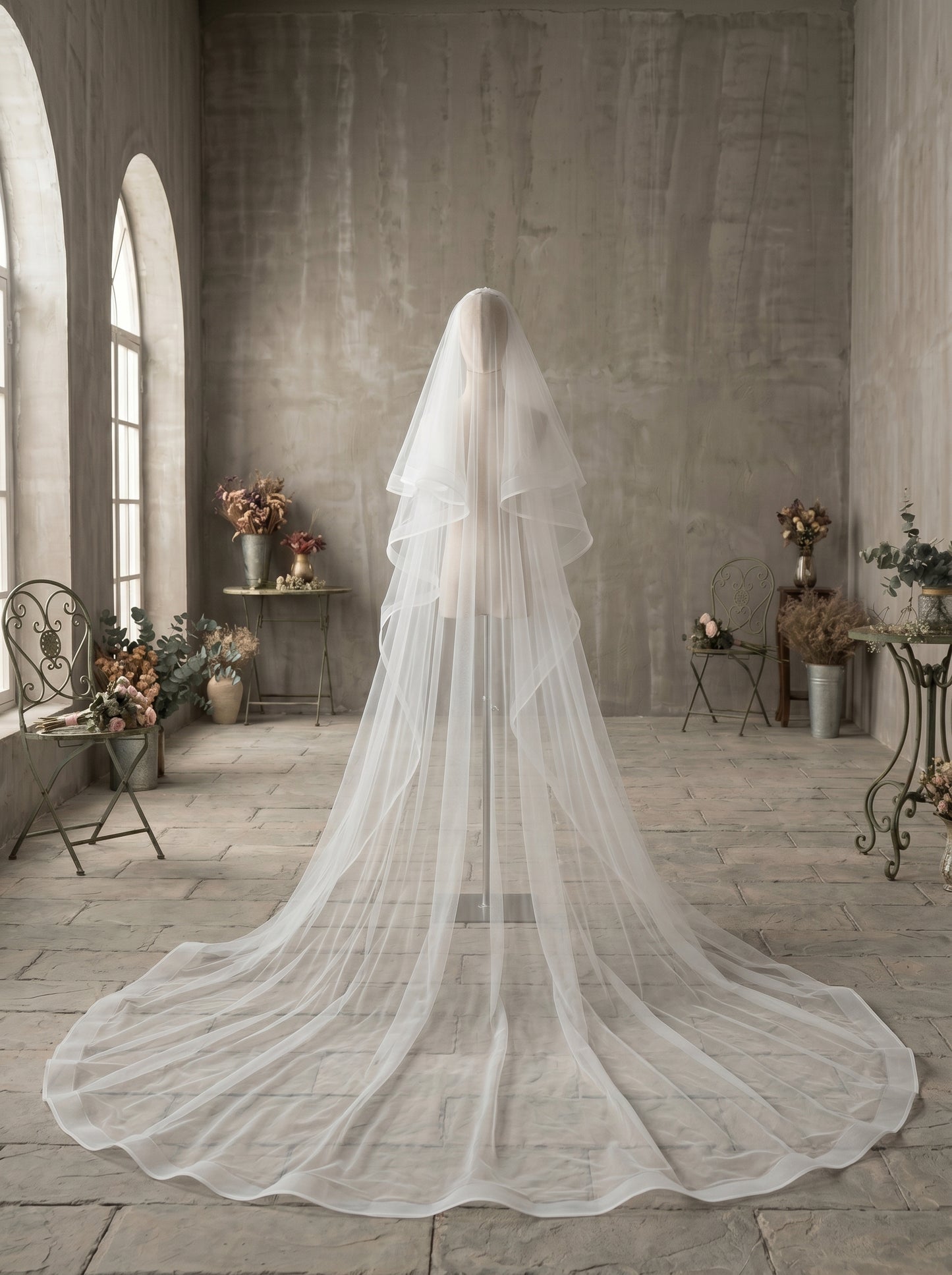 Luxury 2-Tier Structured Horsehair Edge Cathedral Veil - Milk White Swiss Tulle Wedding Veil with Comb, Cascading Ribbon Trim Blusher Veil LUNA-X73