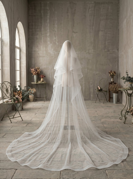 Luxury 2-Tier Structured Horsehair Edge Cathedral Veil - Milk White Swiss Tulle Wedding Veil with Comb, Cascading Ribbon Trim Blusher Veil LUNA-X73