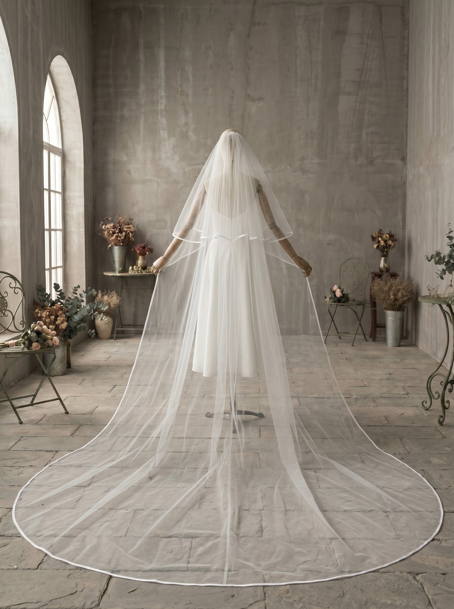 Luxury 2-Tier Structured Cathedral Veil with Blusher - Milk White Crisp Illusion Tulle Wedding Veil with Comb, High-Volume Satin Ribbon Edge Bridal Veil  LUNA-X75