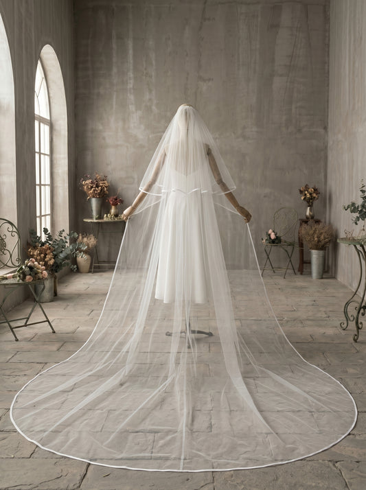 Luxury 2-Tier Structured Cathedral Veil with Blusher - Milk White Crisp Illusion Tulle Wedding Veil with Comb, High-Volume Satin Ribbon Edge Bridal Veil  LUNA-X75