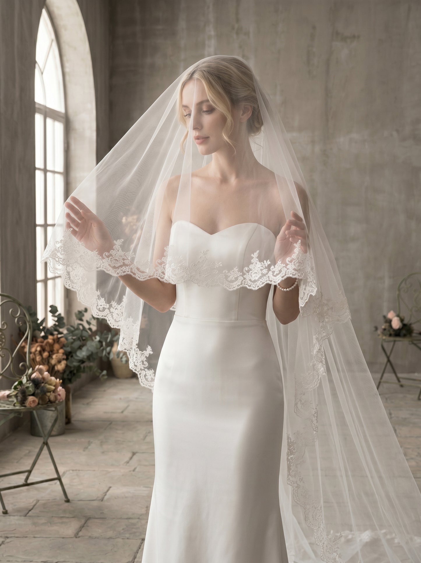 Royal 3.8M Grand Cathedral Veil with Blusher - 150" Extra Wide Milk White Swiss Tulle Wedding Veil with Comb, Heavy Baroque Lace Applique Bridal Veil LUNA-X74