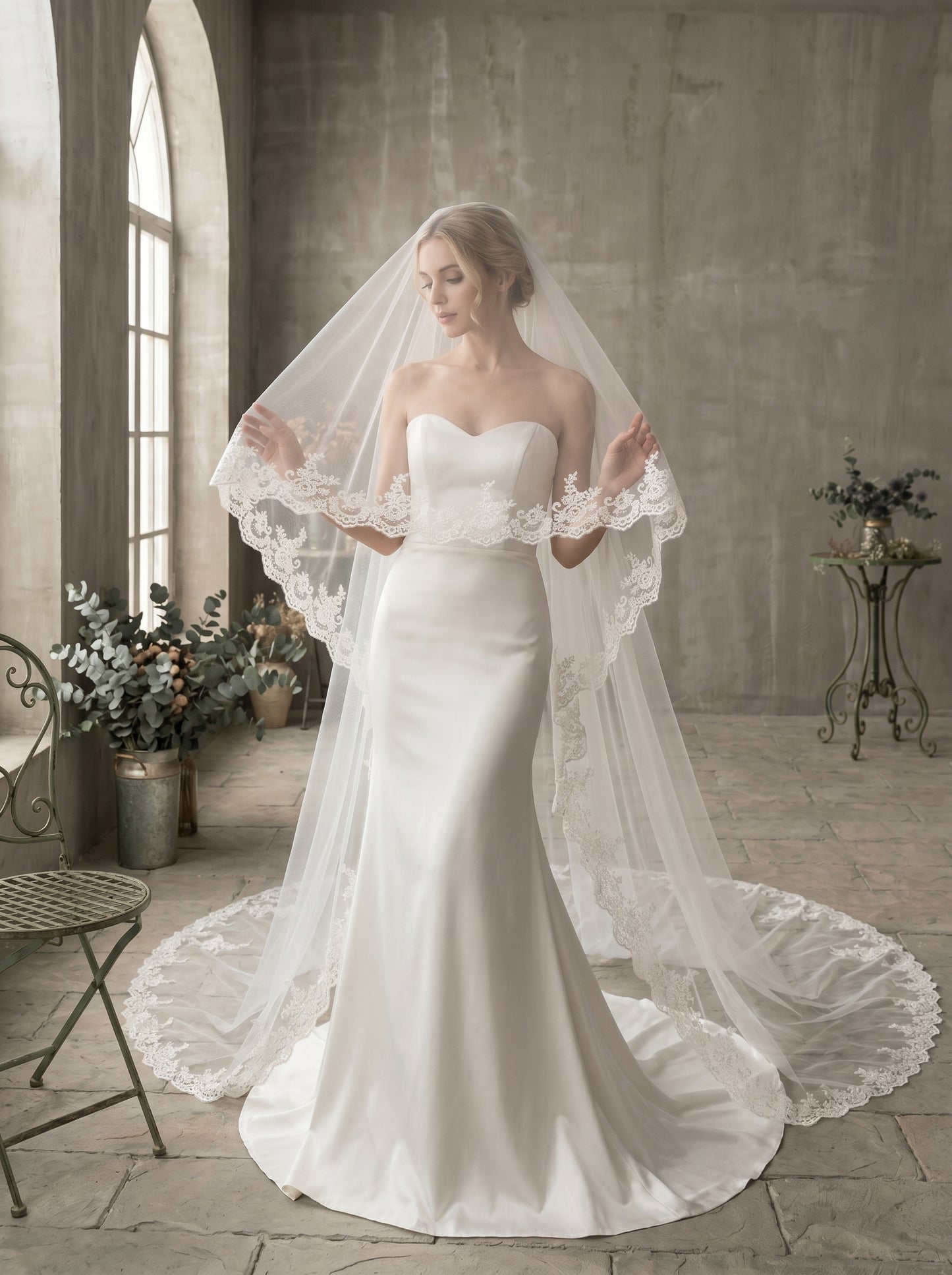 Royal 3.8M Grand Cathedral Veil with Blusher - 150" Extra Wide Milk White Swiss Tulle Wedding Veil with Comb, Heavy Baroque Lace Applique Bridal Veil LUNA-X74