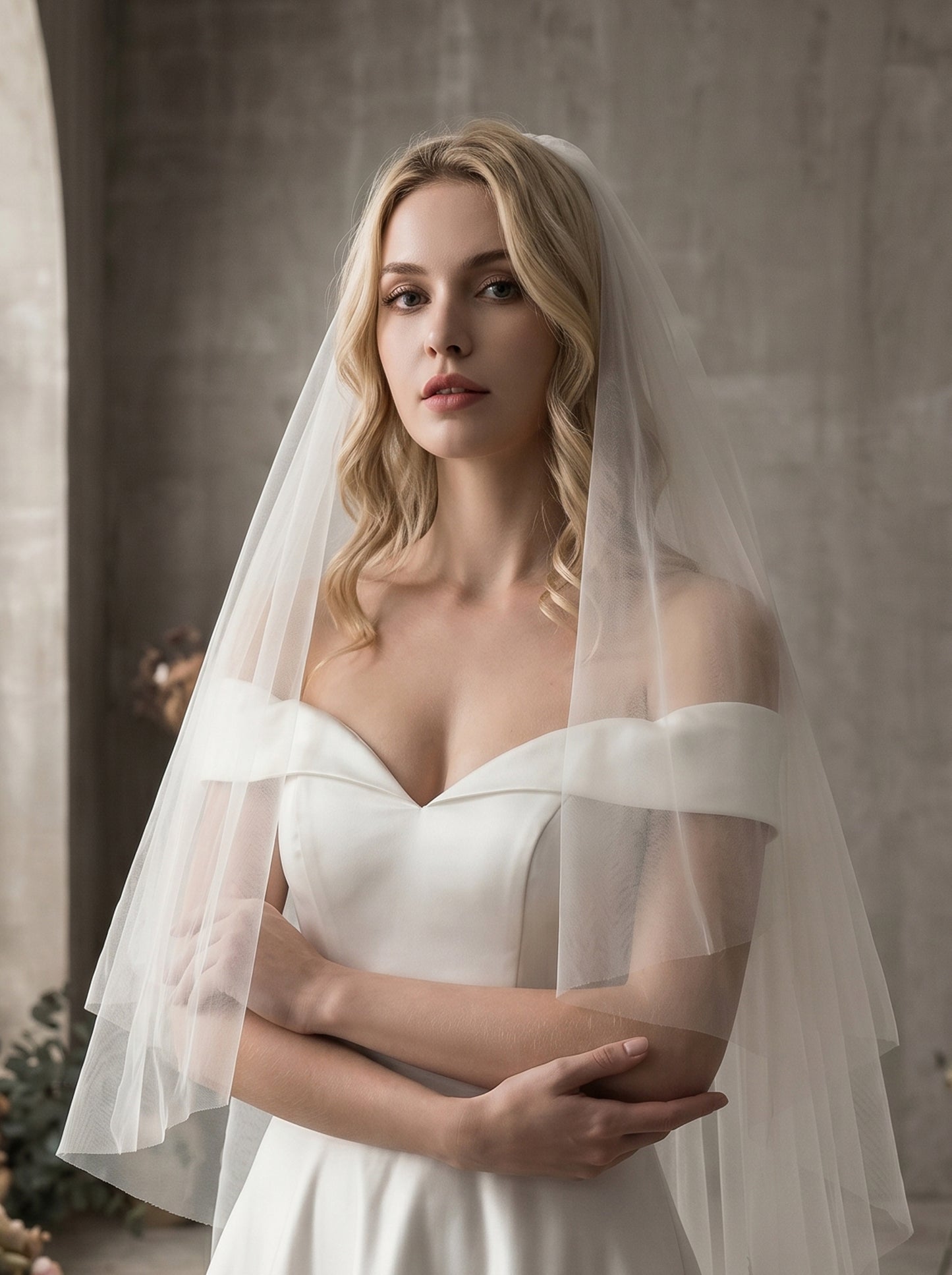 Luxury 2-Tier Cathedral Veil with Blusher - Milk White Swiss Tulle Wedding Veil with Comb, Scalloped Petal Lace Border Bridal Veil  LUNA-X67