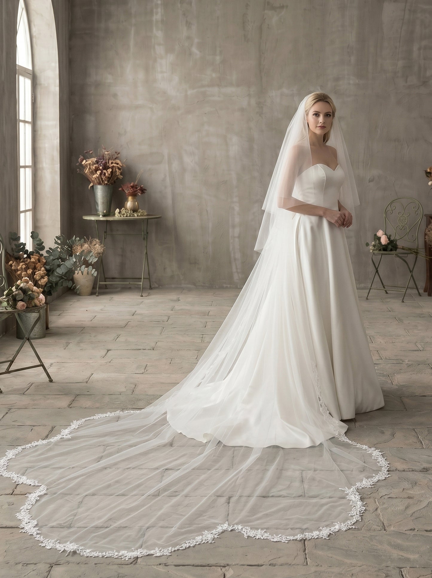 Luxury 2-Tier Cathedral Veil with Blusher - Milk White Swiss Tulle Wedding Veil with Comb, Scalloped Petal Lace Border Bridal Veil  LUNA-X67