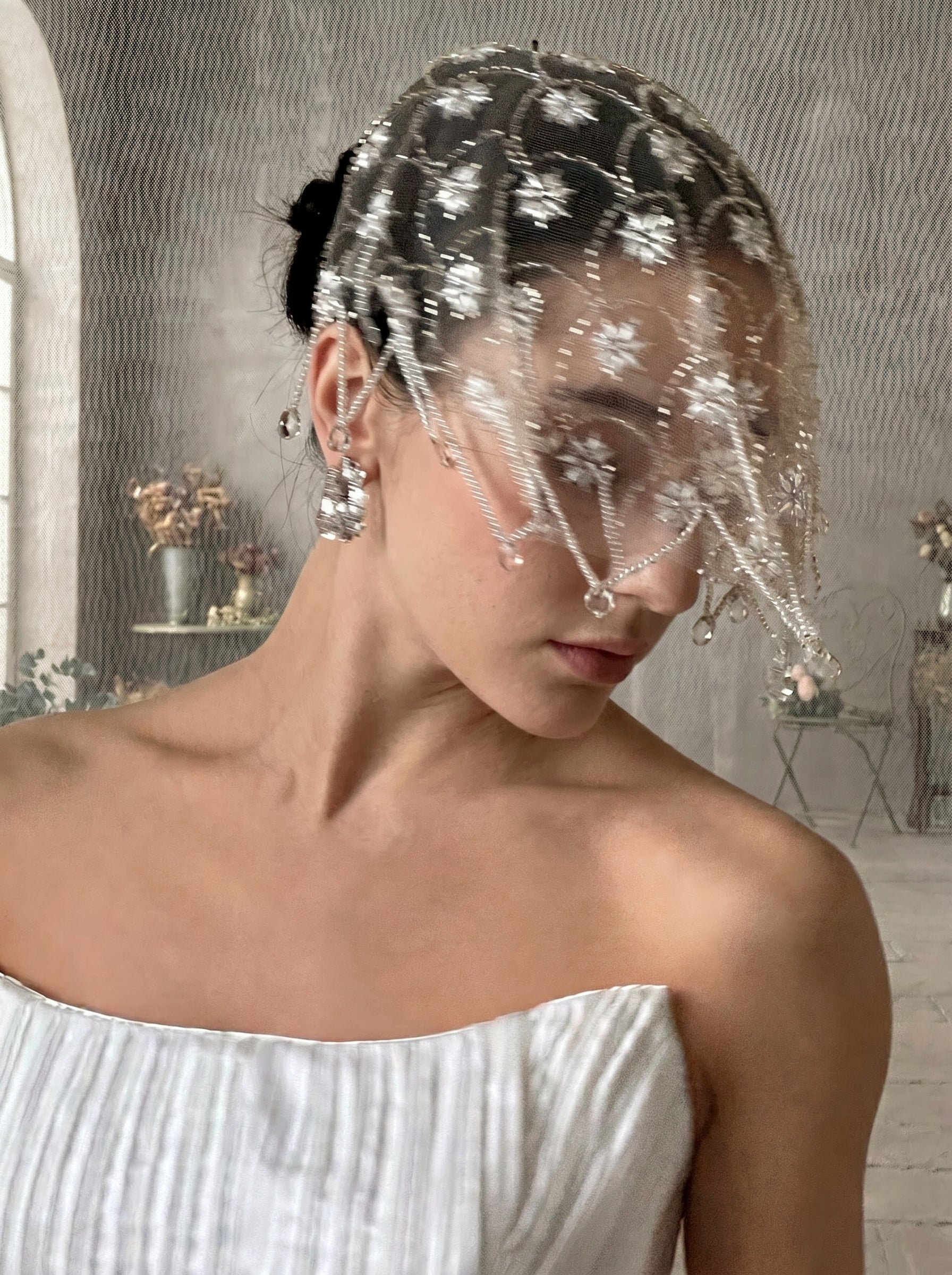 Vintage 1920s Juliet Cap Wedding Veil - Milk White Stiff Tulle Bridal Hair Cap, Luxurious Art Deco Pearl Starburst Headpiece with Teardrop Tassels  LUNA-X88