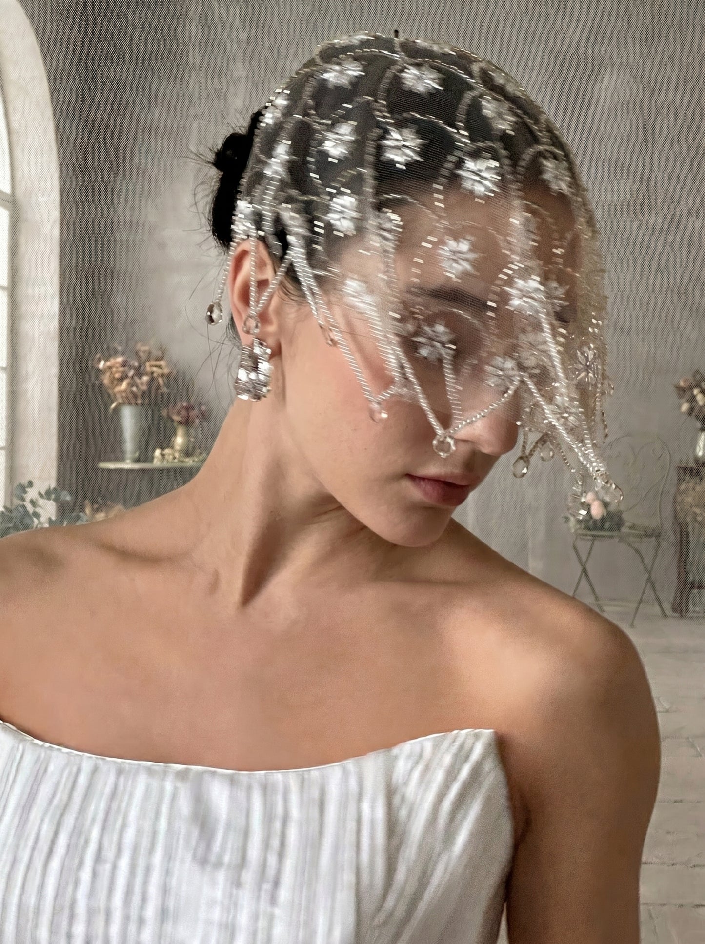 Vintage 1920s Juliet Cap Wedding Veil - Milk White Stiff Tulle Bridal Hair Cap, Luxurious Art Deco Pearl Starburst Headpiece with Teardrop Tassels  LUNA-X88