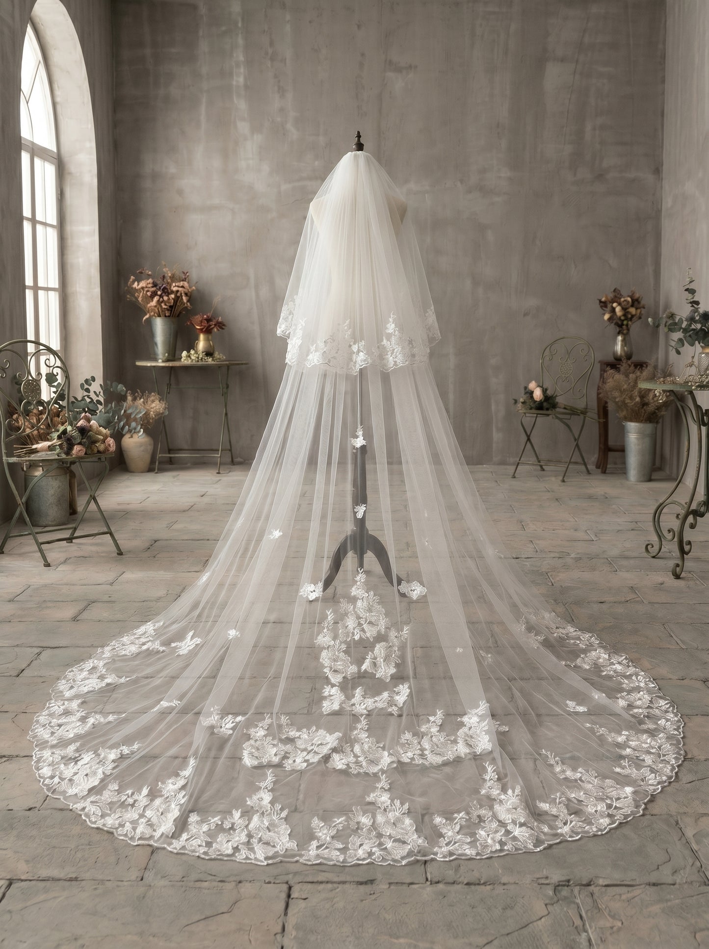 Classic Two-Tier Cathedral Wedding Veil - 106" Luxurious Soft Tulle Veil with 31" Blusher & Secure Metal Comb LUNA-X28