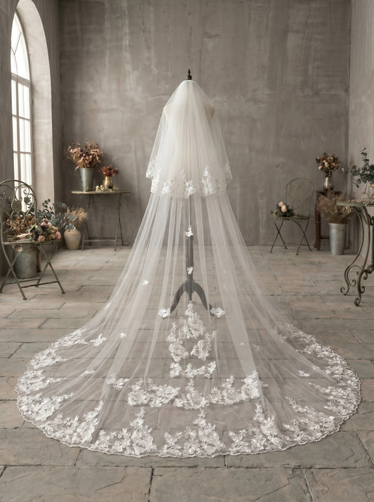 Classic Two-Tier Cathedral Wedding Veil - 106" Luxurious Soft Tulle Veil with 31" Blusher & Secure Metal Comb LUNA-X28