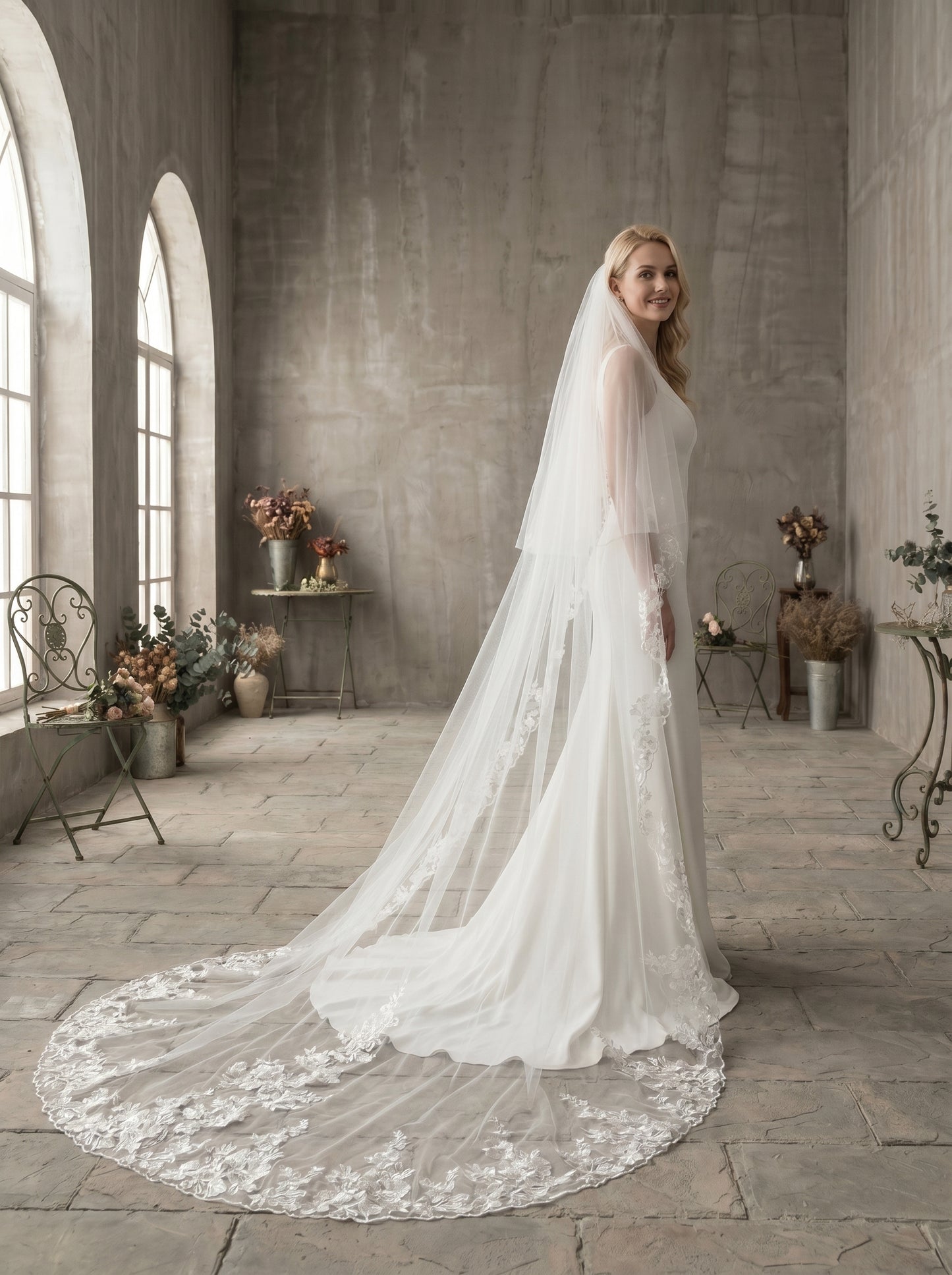 Classic Two-Tier Cathedral Wedding Veil - 106" Luxurious Soft Tulle Veil with 31" Blusher & Secure Metal Comb LUNA-X28