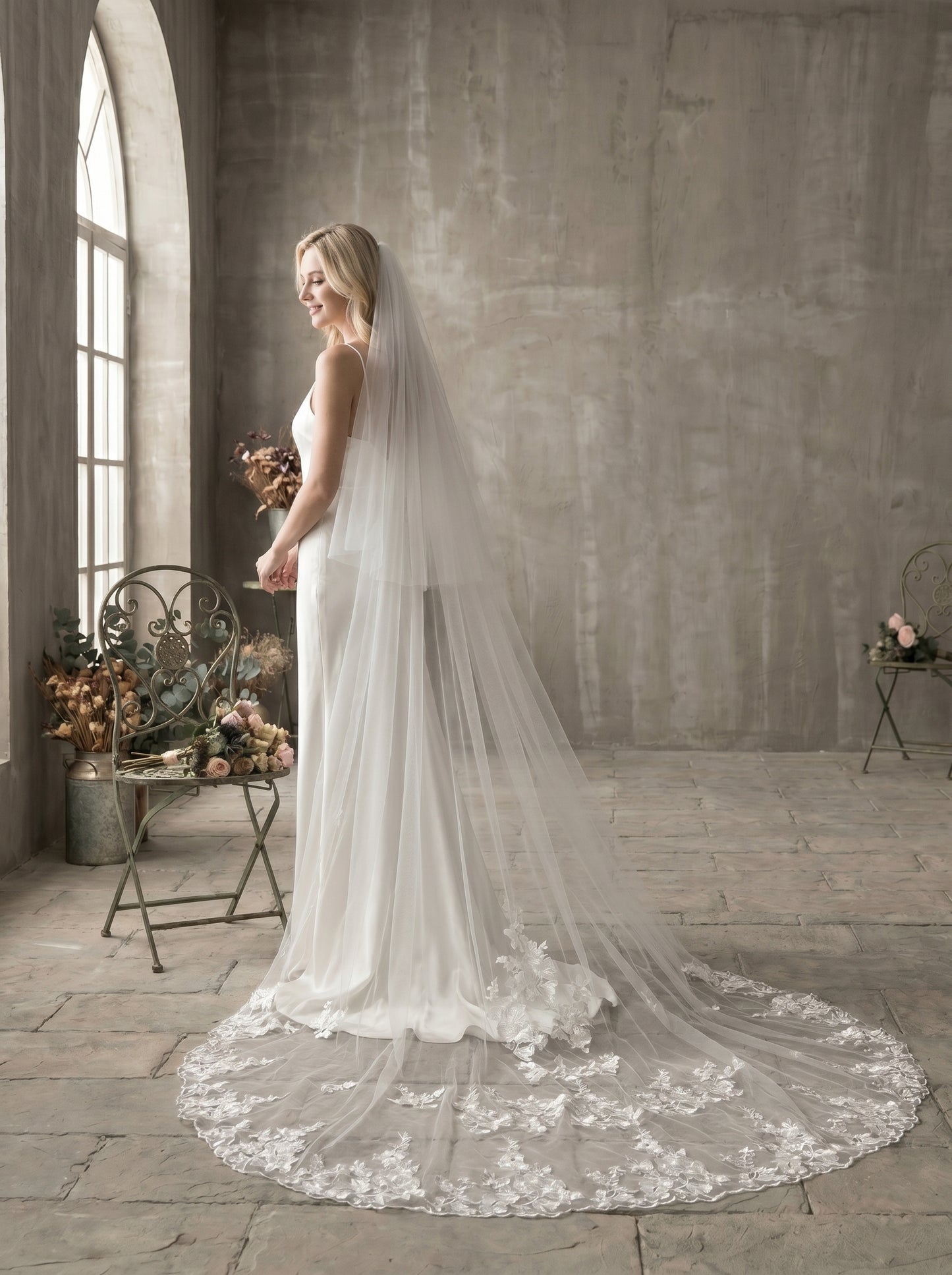 Classic Two-Tier Cathedral Wedding Veil - 106" Luxurious Soft Tulle Veil with 31" Blusher & Secure Metal Comb LUNA-X28