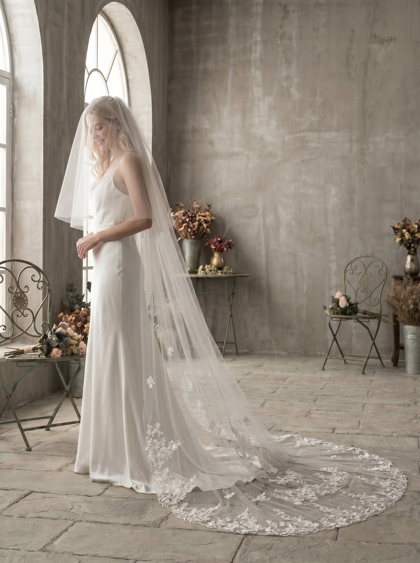 Classic Two-Tier Cathedral Wedding Veil - 106" Luxurious Soft Tulle Veil with 31" Blusher & Secure Metal Comb LUNA-X28
