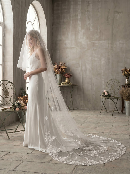 Classic Two-Tier Cathedral Wedding Veil - 106" Luxurious Soft Tulle Veil with 31" Blusher & Secure Metal Comb LUNA-X28