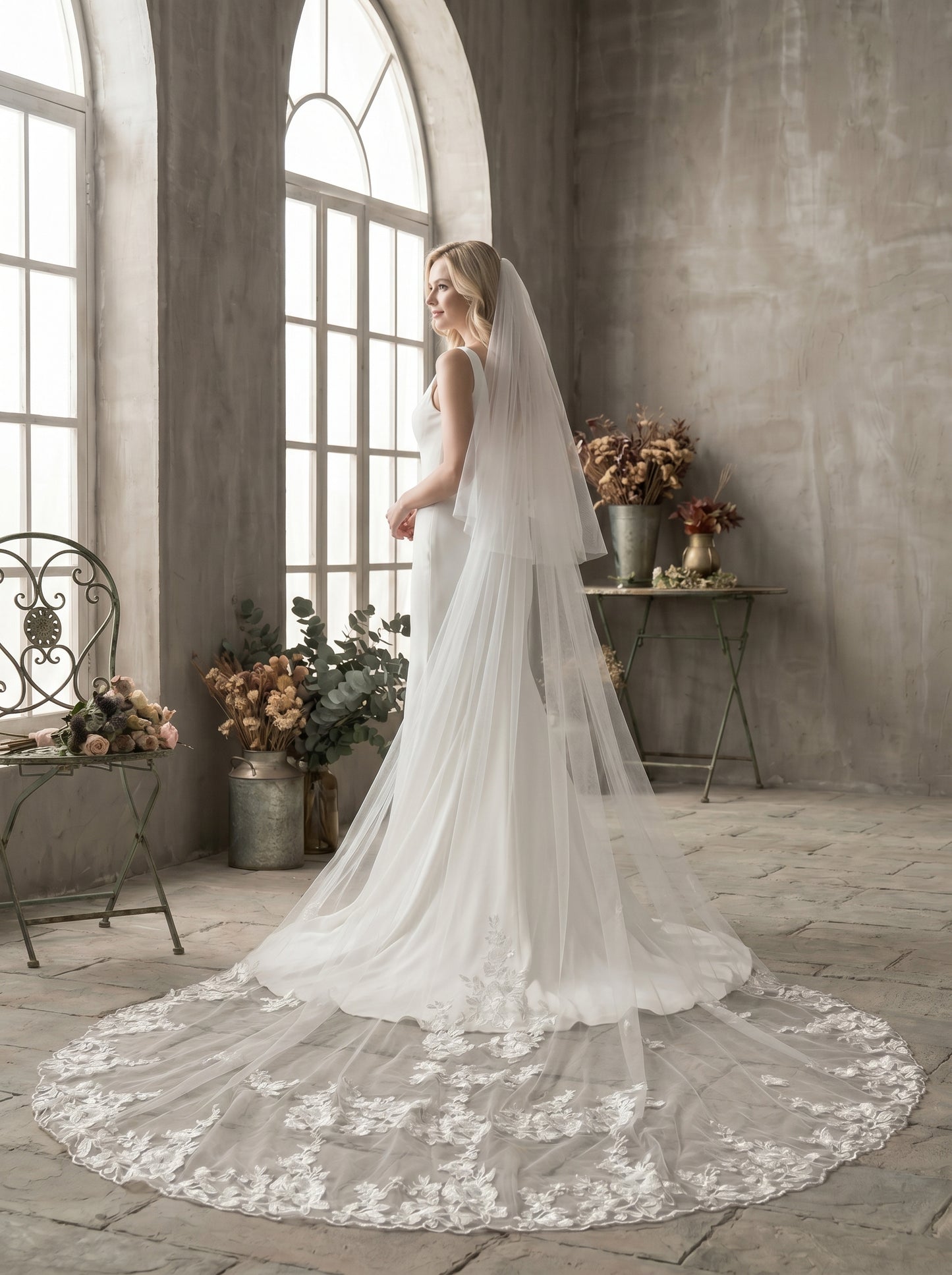 Classic Two-Tier Cathedral Wedding Veil - 106" Luxurious Soft Tulle Veil with 31" Blusher & Secure Metal Comb LUNA-X28